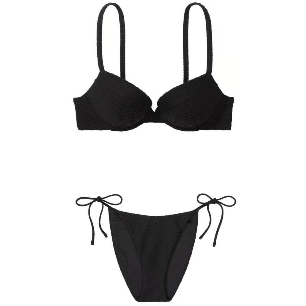 VS Swim Sexy Tee Push-Up Bikini Top + Side-Tie Cheeky Bikini Bottom Fishnet NEW